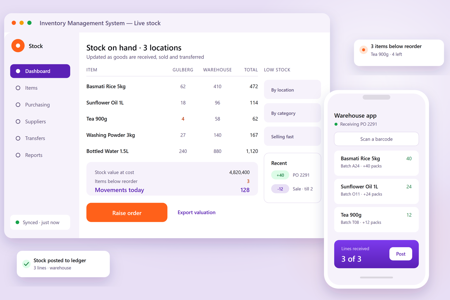 Inventory management dashboard with one row per item and a column per location, next to a phone scanning an item at the shelf