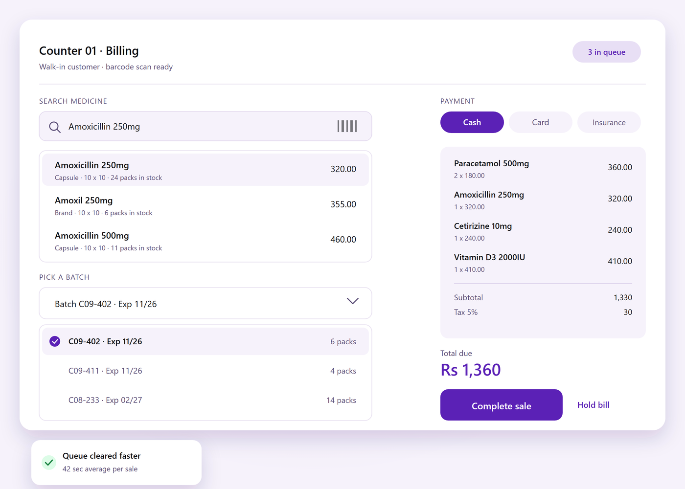 Counter billing screen with a medicine search, an open batch picker showing batch numbers and expiry dates, and a payment panel with the bill total