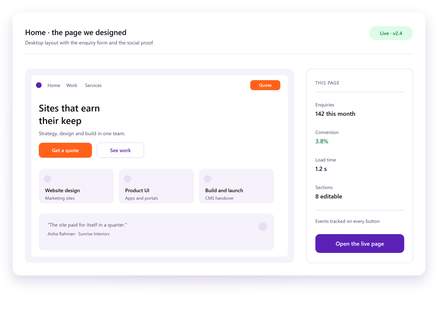Landing page design with the hero section, feature blocks, testimonials and the enquiry form