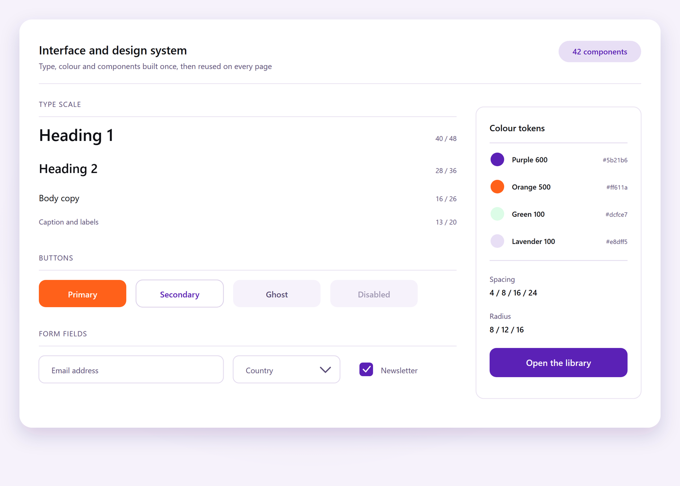 Interface design showing the type scale, colour tokens, buttons, forms and card components in the design system